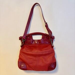 Michael Rome Leather Croc Print Shoulder Hand Bag Purse Magnetic Red 12” x 14”